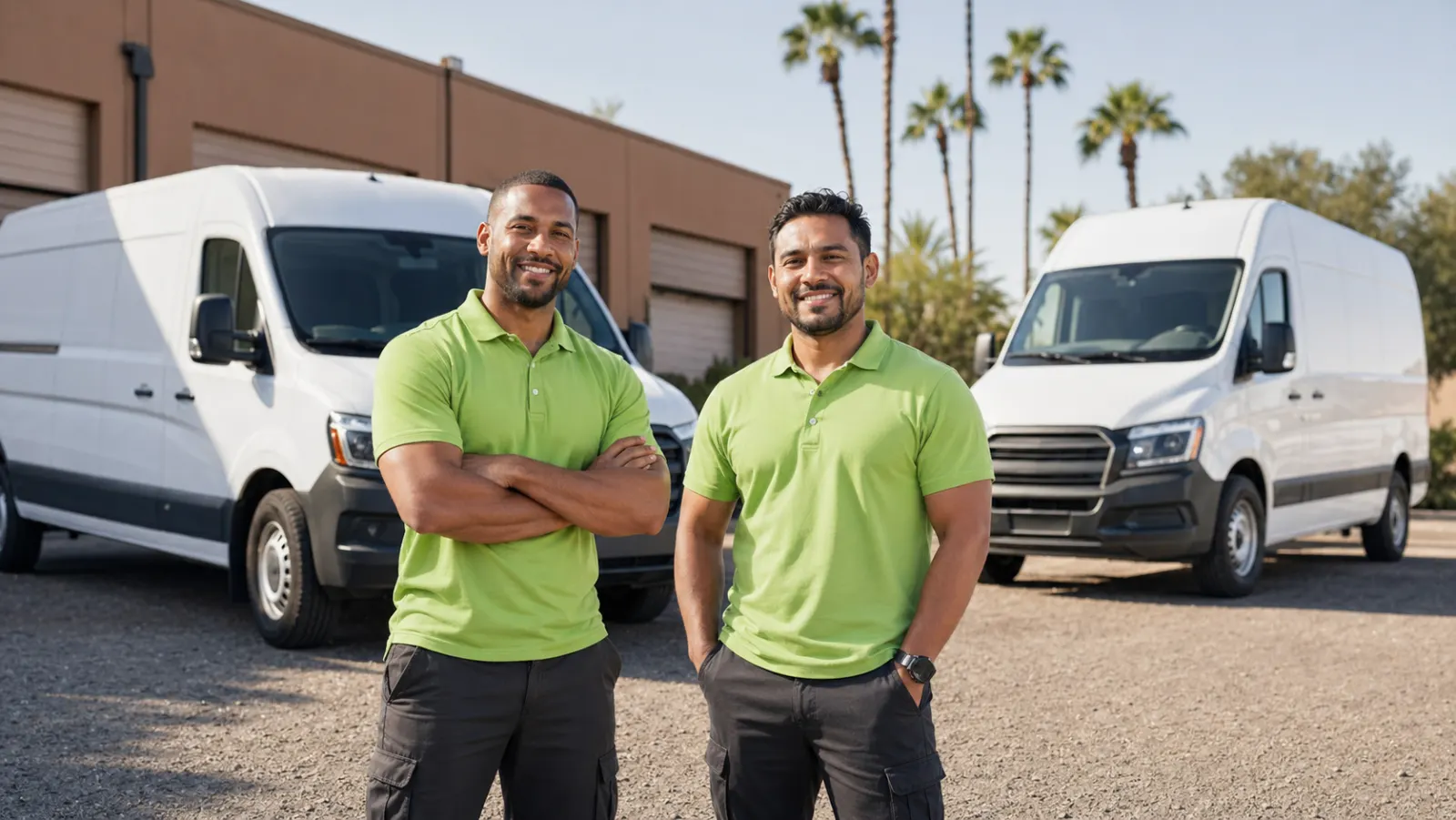 The No. 1 Courier team in lime green polos in front of delivery vans